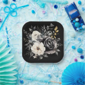 Assiettes En Carton Roses noirs et gris et Feuilles d'or (Fête)