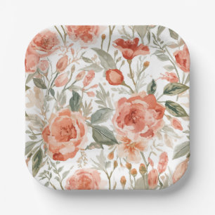 Assiettes En Carton Roses oranges aquarelle botanique corail floral