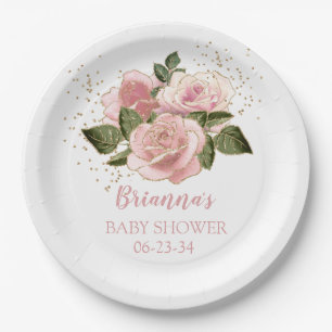 Assiettes En Carton Roses Pailletées Or Rose Fête de Naissance