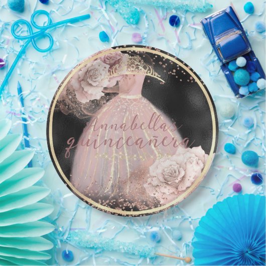 Assiettes En Carton Roses rose pâle sur Quinceañera noir & or (Fête)