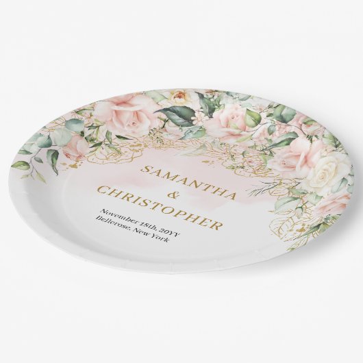 Assiettes En Carton Roses rose rousse rustique eucalyptus & mariage or (Angle)