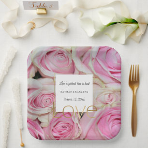Assiettes En Carton Roses roses floraux Or Amour Mariage