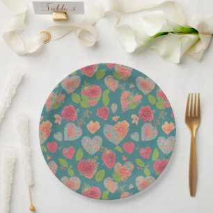 Assiettes En Carton Roses Roses Roses Et Coeurs Floraux Sur Arrière -