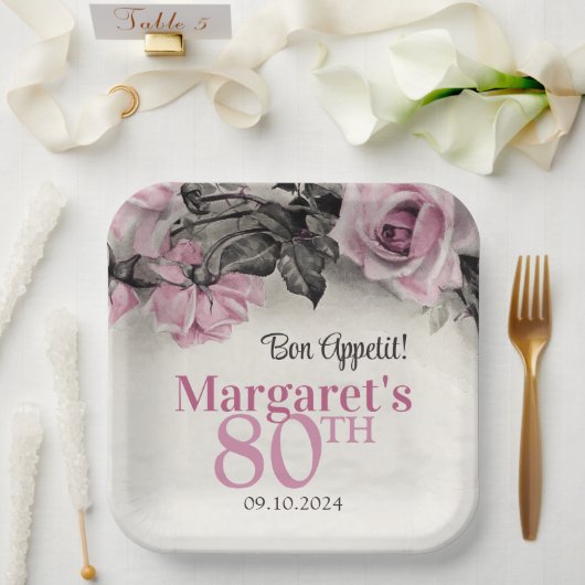 Assiettes En Carton Roses roses vintages 80e anniversaire (Mariage)