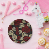 Assiettes En Carton Roses Rouges & Crânes Fleur Gothique Noir (Fête)