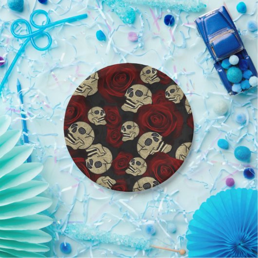 Assiettes En Carton Roses Rouges & Crânes Floral Gothique Gris Noir (Fête)