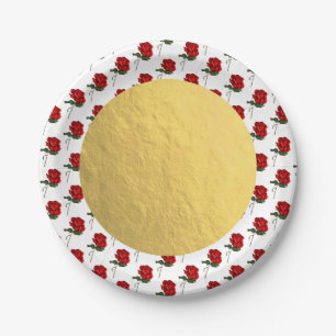 Assiettes En Carton Roses rouges dorées Rose Élégant Floral Mariage Fê