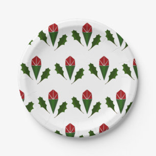 Assiettes En Carton Roses rouges élégantes et Motif vert Holly