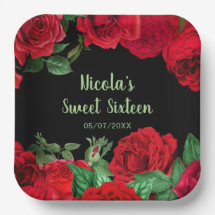 Assiettes En Carton Roses Rouges Élégantes Fleurs Sweet Sixteen