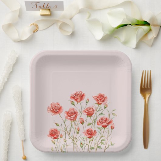 Assiettes En Carton Roses rouges romantiques roses rousses (Mariage)
