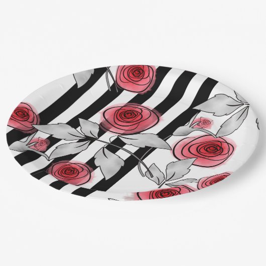 Assiettes En Carton Roses rouges, roses d'aquarelle (Angle)