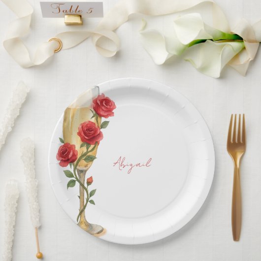Assiettes En Carton Roses rouges sur Champagne Nom personnalisé (Mariage)