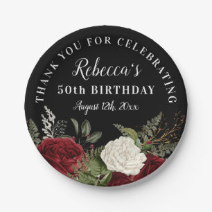 Assiettes En Carton Roses rouges sur Noir 50e anniversaire Merci