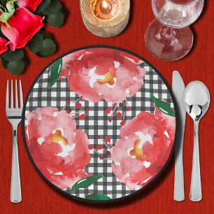 Assiettes En Carton Roses sur carreaux noir et blanc