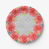 Assiettes En Carton Roses sur les rayures noires et blanches (Devant)