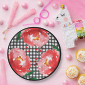 Assiettes En Carton Roses sur Vichy noir et blanc (Fête)