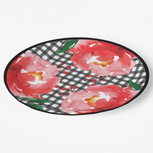 Assiettes En Carton Roses sur Vichy noir et blanc (Angle)