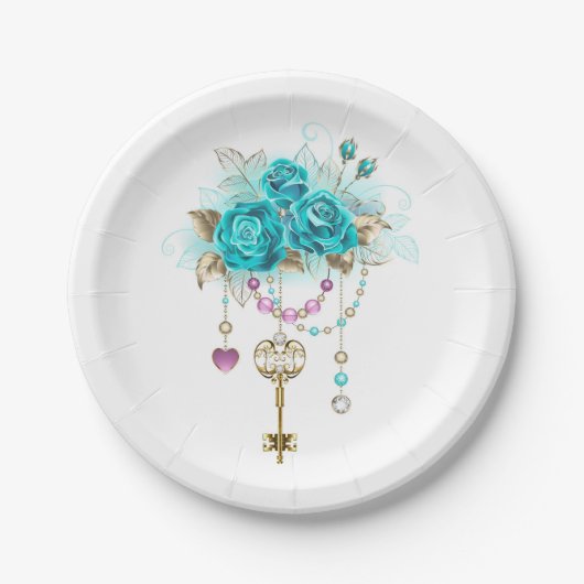 Assiettes En Carton Roses turquoise avec touches (Devant)