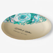 Assiettes En Carton Roses turquoise sur Mariage or (Angle)
