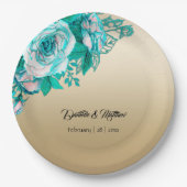 Assiettes En Carton Roses turquoise sur Mariage or (Devant)