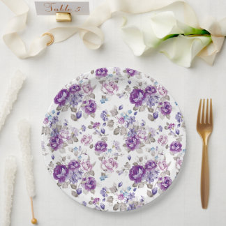 Assiettes En Carton Roses Violettes Fête de Jardin Floral Lavande Mari