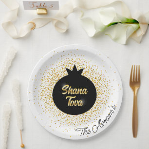 Assiettes En Carton Rosh Hashanah White Black Gold Sparkly Pomegranate
