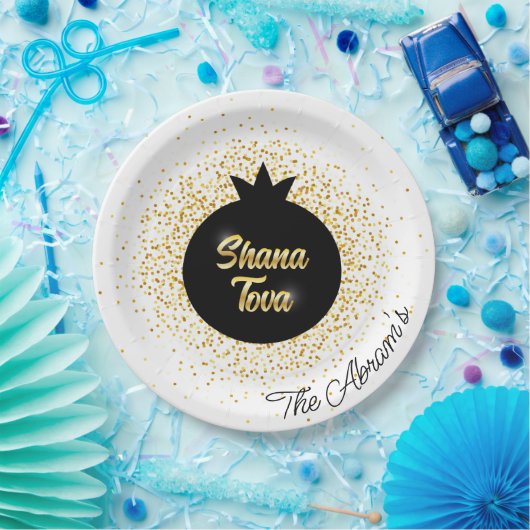 Assiettes En Carton Rosh Hashanah White Black Gold Sparkly Pomegranate (Fête)