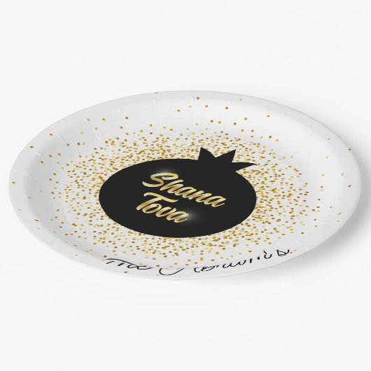Assiettes En Carton Rosh Hashanah White Black Gold Sparkly Pomegranate (Angle)