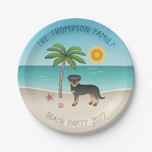 Assiettes En Carton Rottweiler noir et feu sur une plage tropicale en