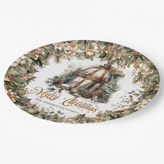 Assiettes En Carton Roue de Noël rustique classique vert et or (Angle)