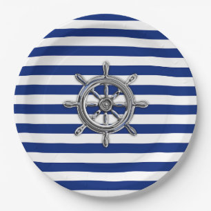 Assiettes En Carton Roue de style chrome sur rayures nautiques