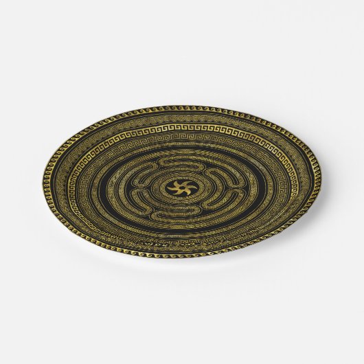 Assiettes En Carton Roue d'Hécate clé grecque Noir et Or (Angle)