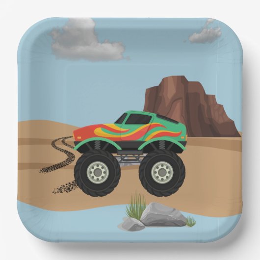 Assiettes En Carton Roues monstre orange, jaune, plaques de papier ver (Recto)