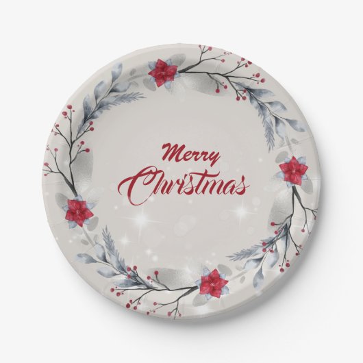 Assiettes En Carton Rouge, Argent Joyeux Couronnes de Noël (Devant)