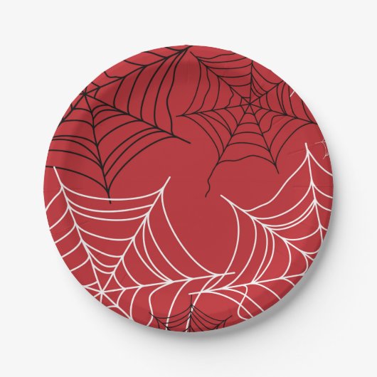 Assiettes En Carton Rouge avec toiles d'araignées noires et blanches H (Devant)