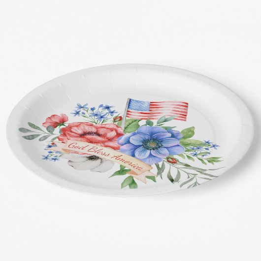 Assiettes En Carton Rouge blanc et bleu | Dieu bénisse l'Amérique (Angle)