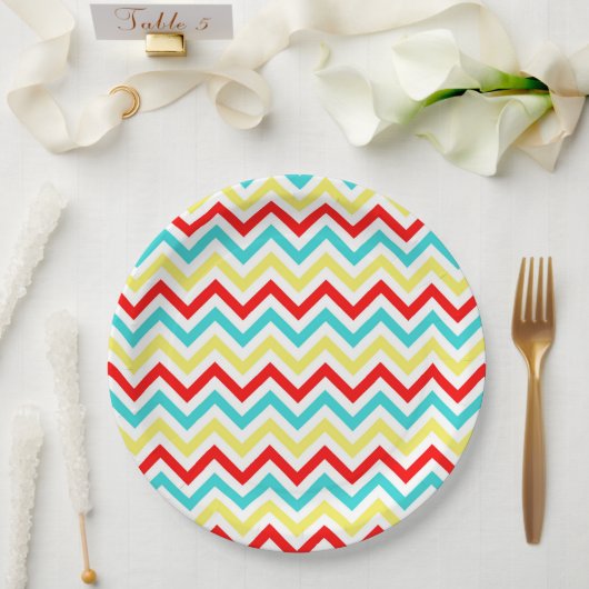 Assiettes En Carton Rouge Blanc jaune bleu Chevron Anniversaire de enf (Mariage)