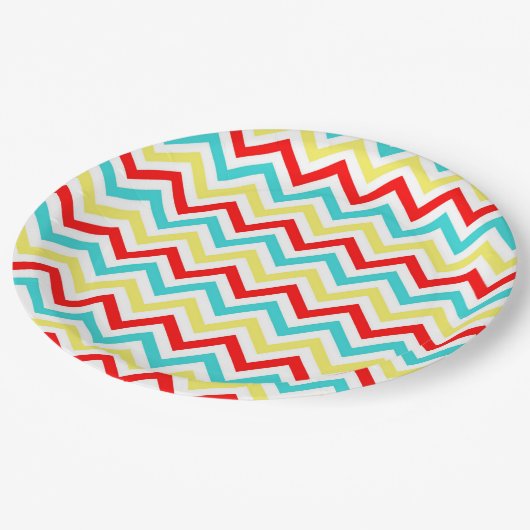 Assiettes En Carton Rouge Blanc jaune bleu Chevron Anniversaire de enf (Angle)