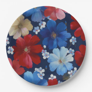 Assiettes En Carton Rouge Bleu Blanc Floral Patriotique (9)