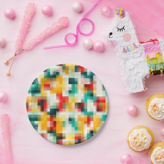 Assiettes En Carton Rouge bleu vert jaune blanc Motif Abstrait (Fête)