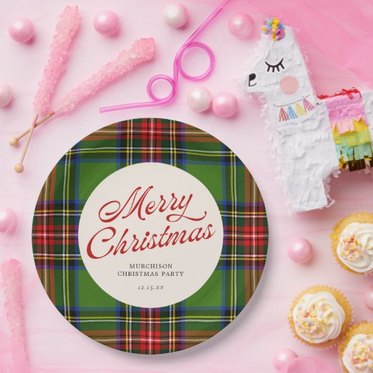 Assiettes En Carton Rouge classique et vert Joyeux Noël Plaid (Fête)