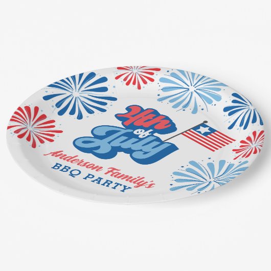 Assiettes En Carton Rouge et bleu 4 juillet feux d'artifice Retro BBQ  (Angle)