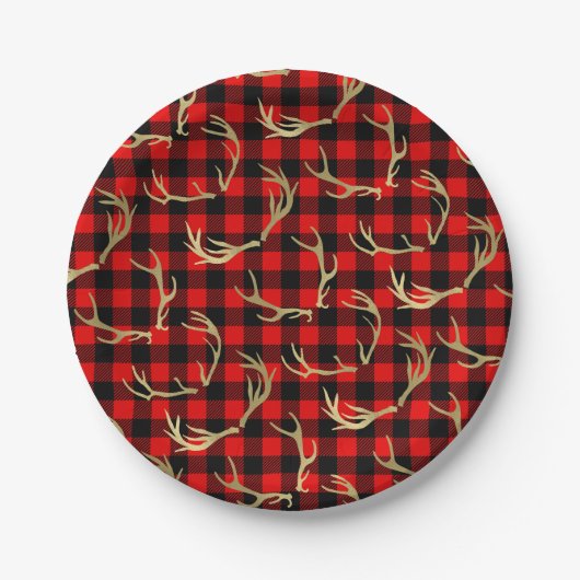 Assiettes En Carton Rouge et noir Buffalo Plaid & Gold Deer Antlers (Devant)