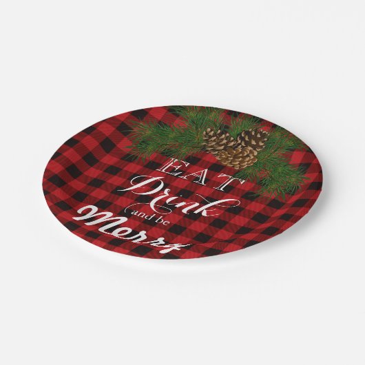 Assiettes En Carton Rouge et noir plaid - Mangez Buvez et soyez Joyeux (Angle)