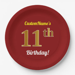 Assiettes En Carton Rouge, Faux Gold 11e anniversaire + Nom personnali