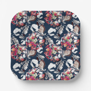 Assiettes En Carton Rouge, fleurs blanches sur bleu.