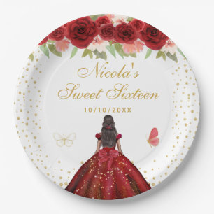 Assiettes En Carton Rouge Floral Peau Sombre Princesse Sweet Seize