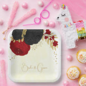 Assiettes En Carton rouge foncé et fleurs noires or (Fête)