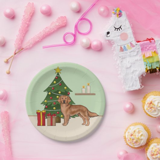 Assiettes En Carton Rouge Golden Retriever Chien avec sapin de Noël Ve (Fête)