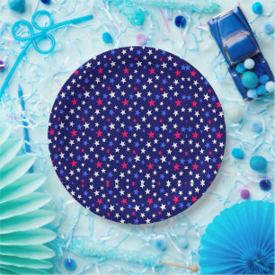 Assiettes En Carton Rouge gras, bleu patriotique et étoiles blanches 